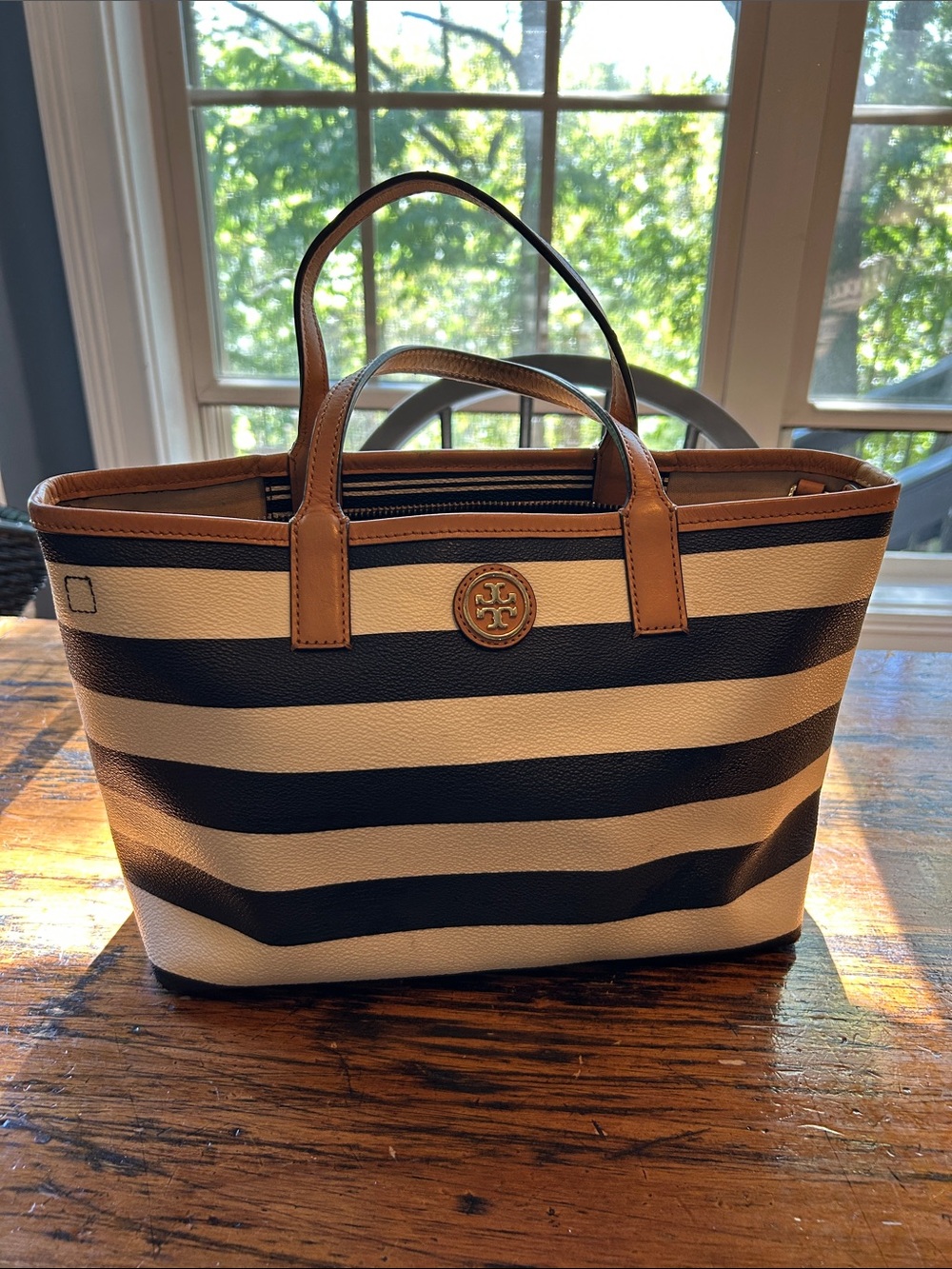 Tory Burch Navy and White Striped Tote with Tan Trim